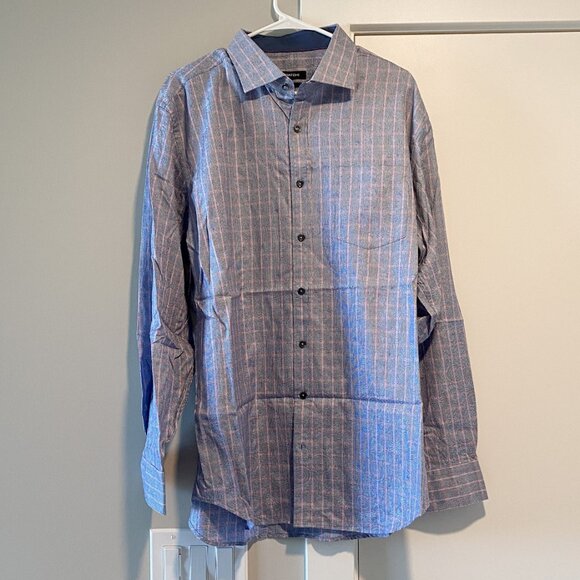 Bugatchi Blue Pink Stripes with Subtle Swirl Print Men Dress Shirt Size XL Work - Picture 2 of 9
